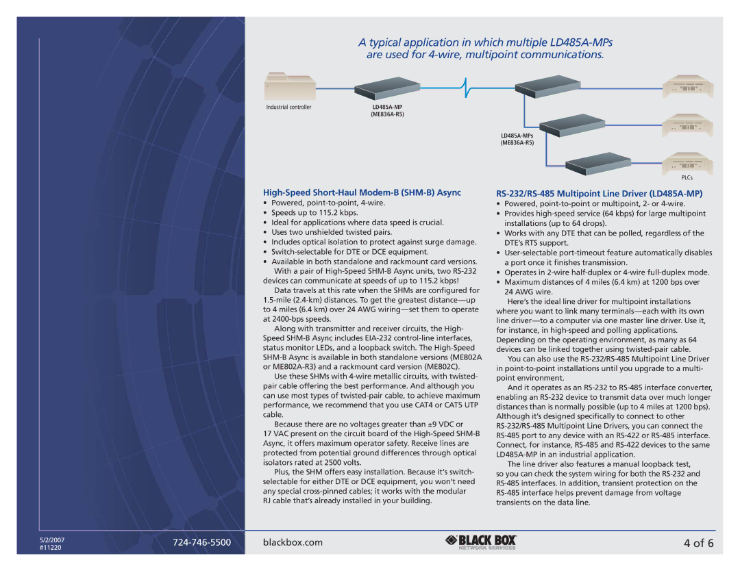 Black Box MULTIPOINT LINE DRIVER High-Speed Short-Haul Modem-B SHM-B Async, RS-232/RS-485 Multipoint Line Driver LD485A-MP 