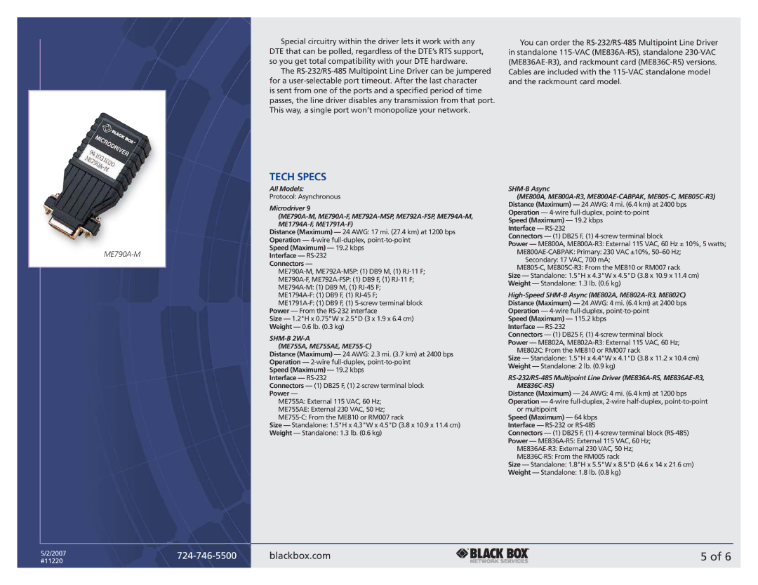 Black Box MICRODRIVER 9, SHORT-HAUL, MULTIPOINT LINE DRIVER manual Tech Specs, ME790A-M 