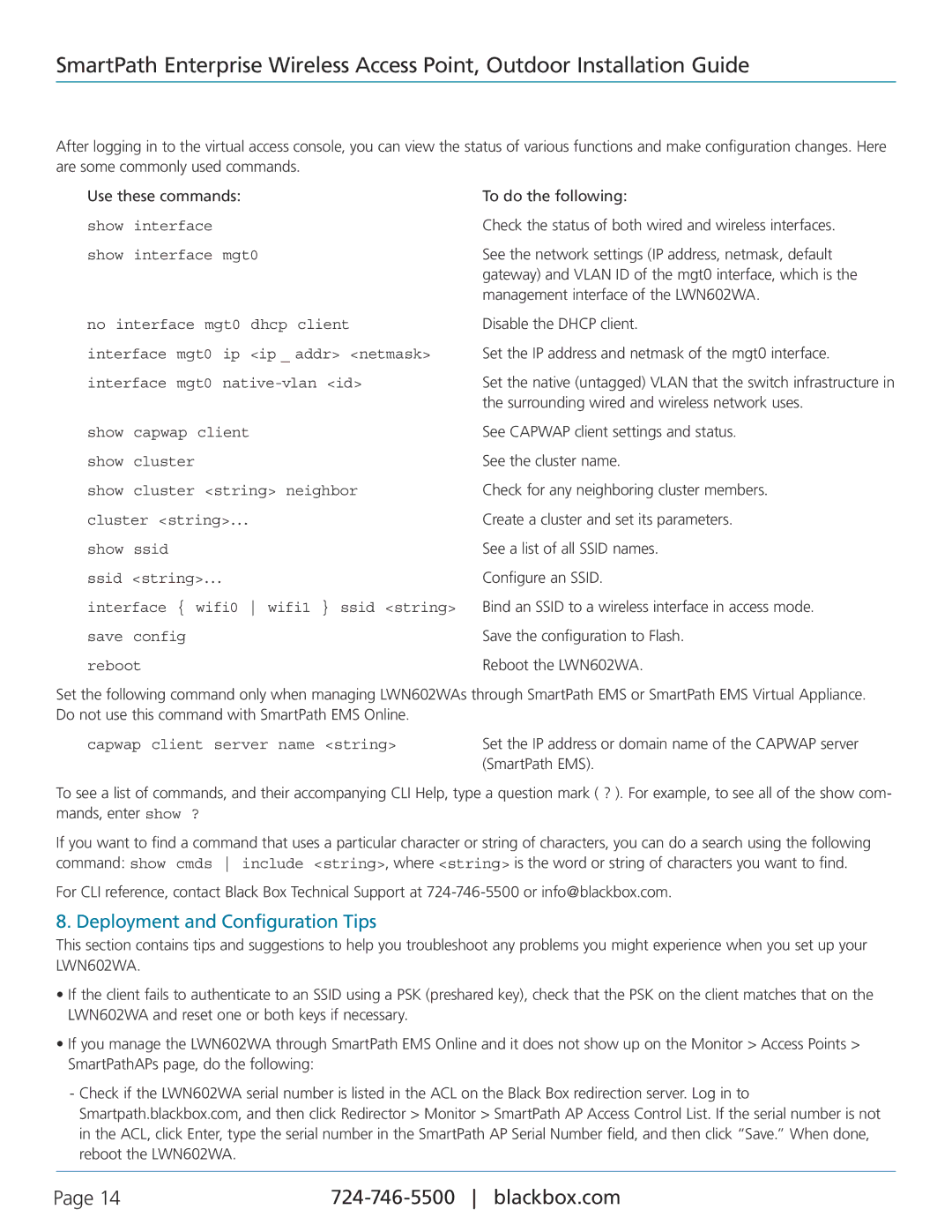 Black Box LWN602WA, SmartPath Enterprise Wireless Access Point manual Deployment and Configuration Tips, Show Interface Mgt0 