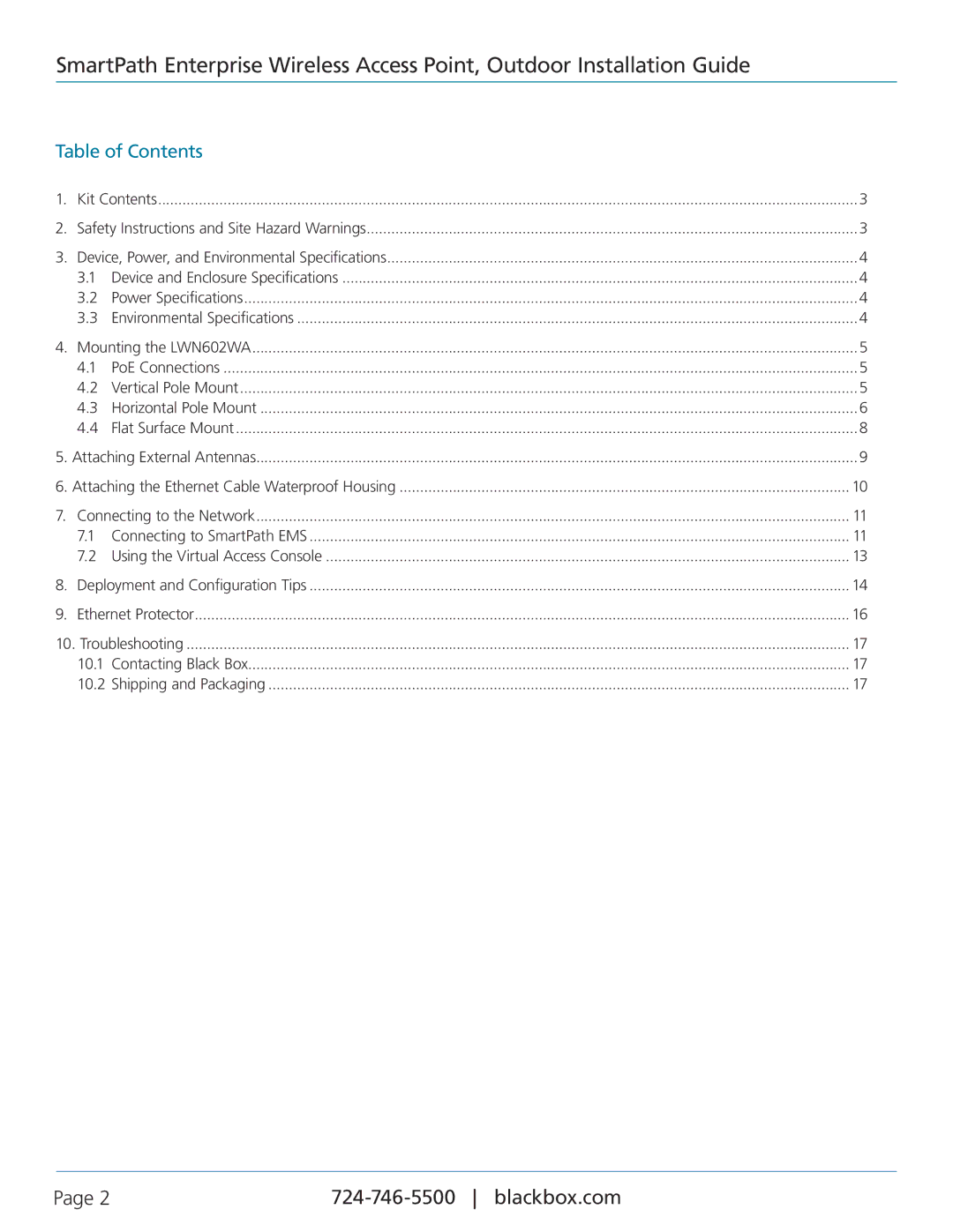 Black Box LWN602WA, SmartPath Enterprise Wireless Access Point manual Table of Contents 