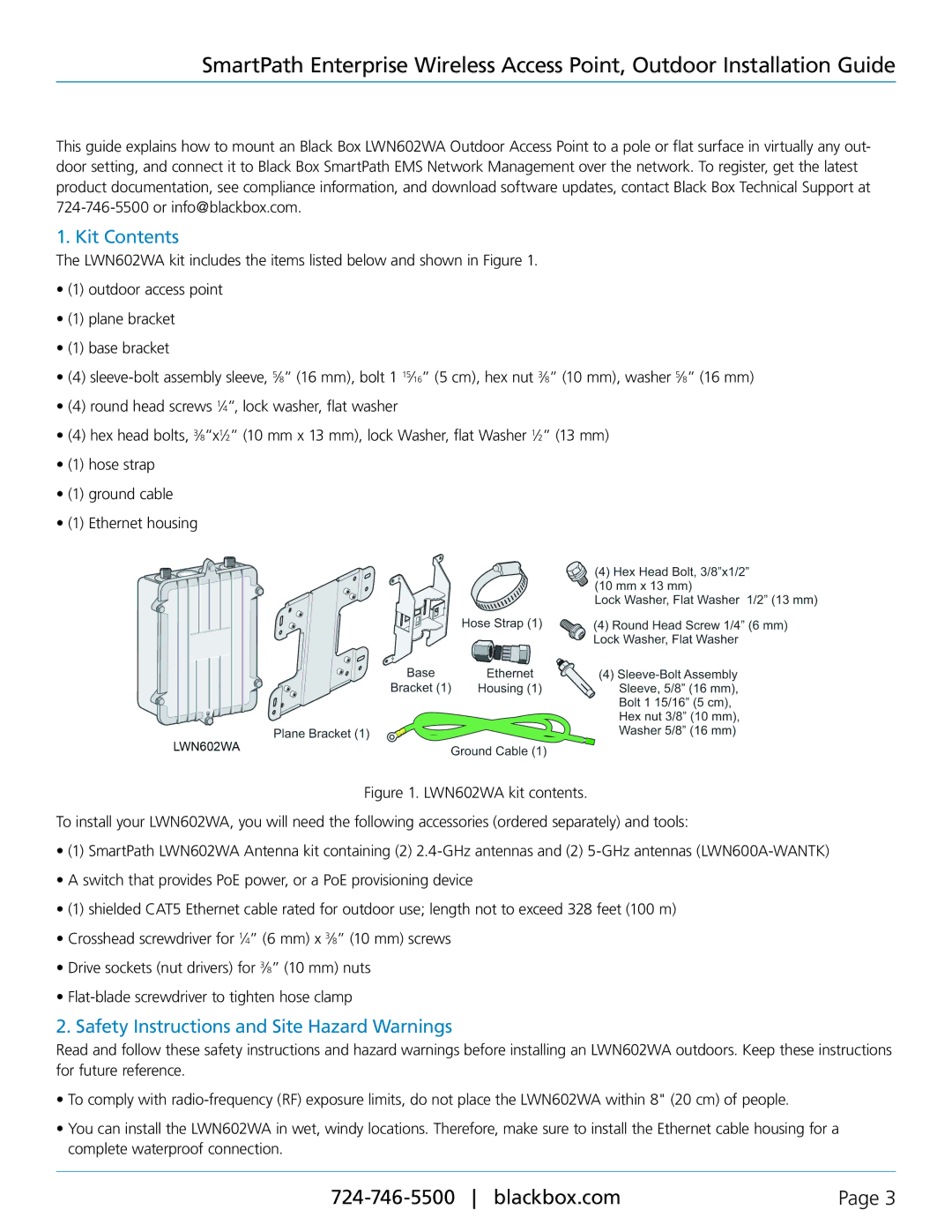 Black Box SmartPath Enterprise Wireless Access Point, LWN602WA Kit Contents, Safety Instructions and Site Hazard Warnings 