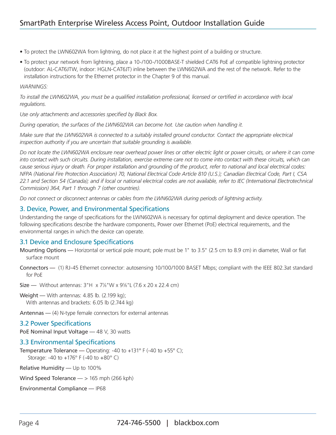Black Box LWN602WA manual Device, Power, and Environmental Specifications, Device and Enclosure Specifications 