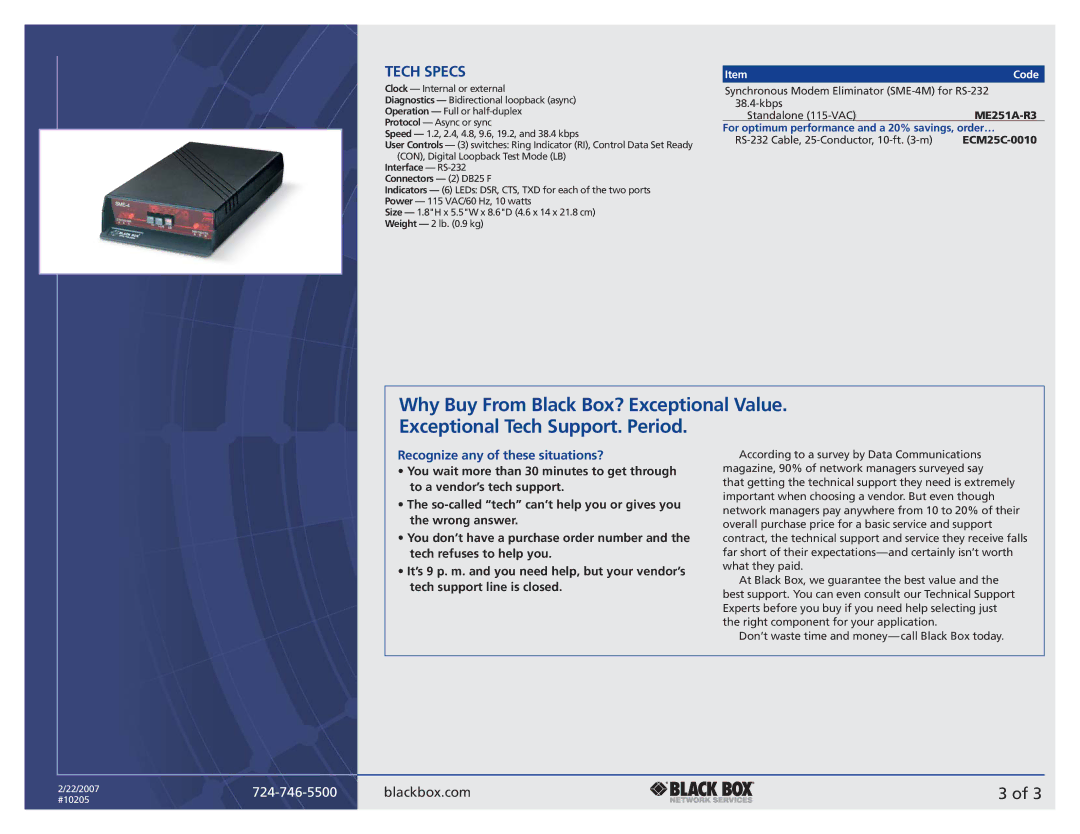 Black Box SME-4M manual Tech Specs, Recognize any of these situations?, Code, ME251A-R3, ECM25C-0010 