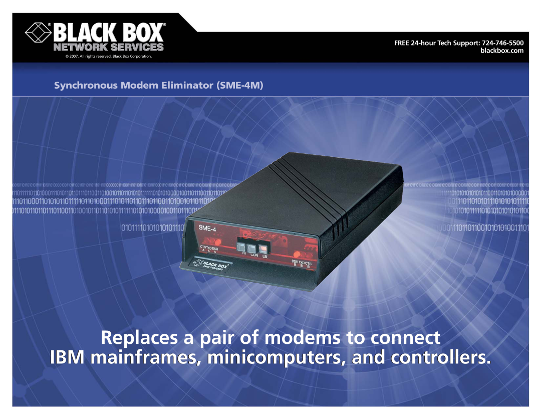 Black Box SME-4M manual FREE 24-hour Tech Support 724-746-5500 blackbox.com, Replaces a pair of modems to connect 