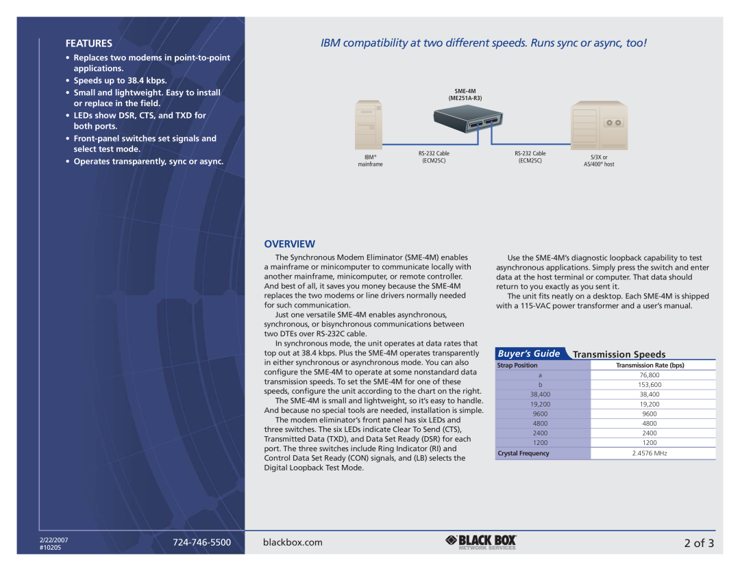 Black Box SME-4M 2 of, Overview, blackbox.com, Replaces two modems in point-to-point applications, Speeds up to 38.4 kbps 