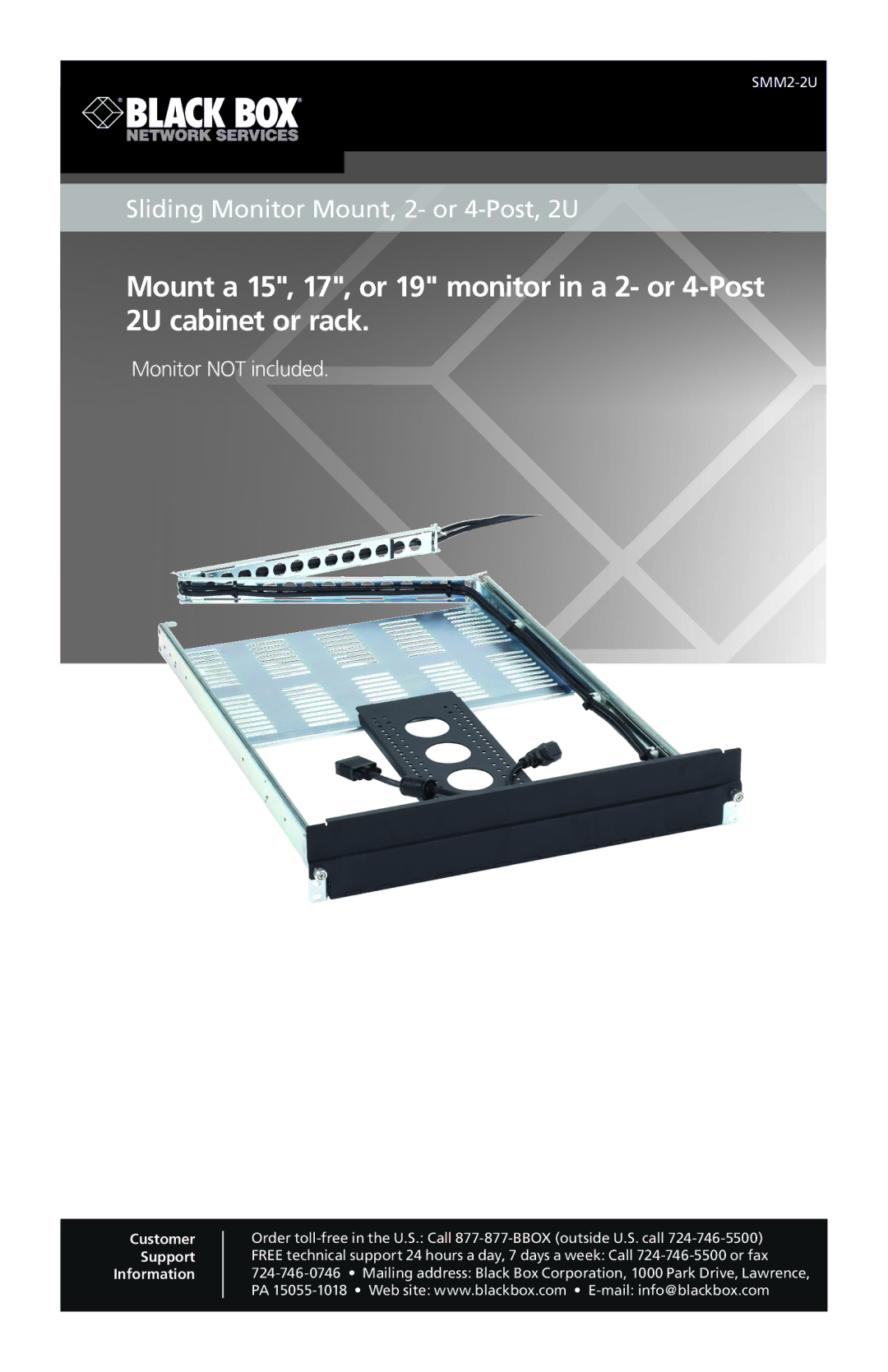 Black Box Sliding Monitor Mount, 2- or 4-Post, 2U, SMM2-2U manual 