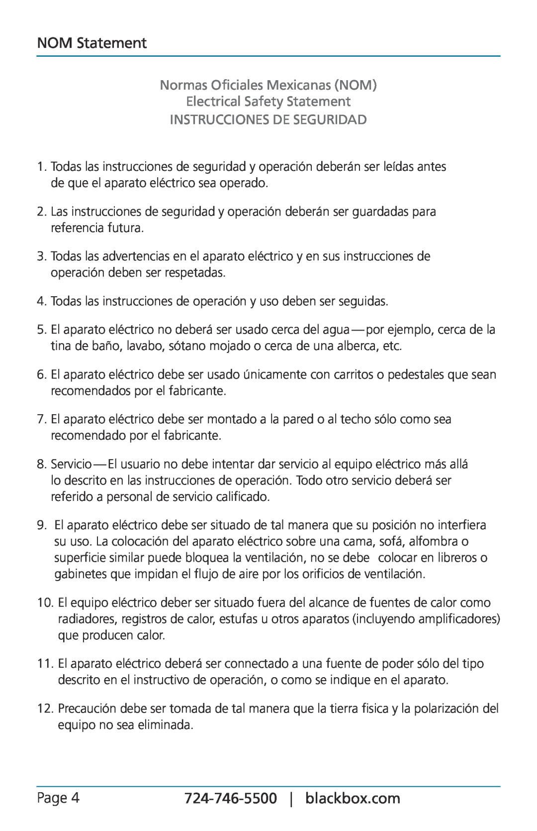 Black Box lgb516a, lgb524a manual NOM Statement, Page, Normas Oficiales Mexicanas NOM, Electrical Safety Statement 