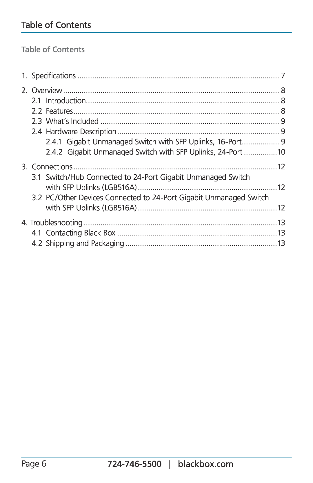 Black Box lgb524a, lgb516a, solid gigabit switching in a rackmount chassis manual Table of Contents, Page 
