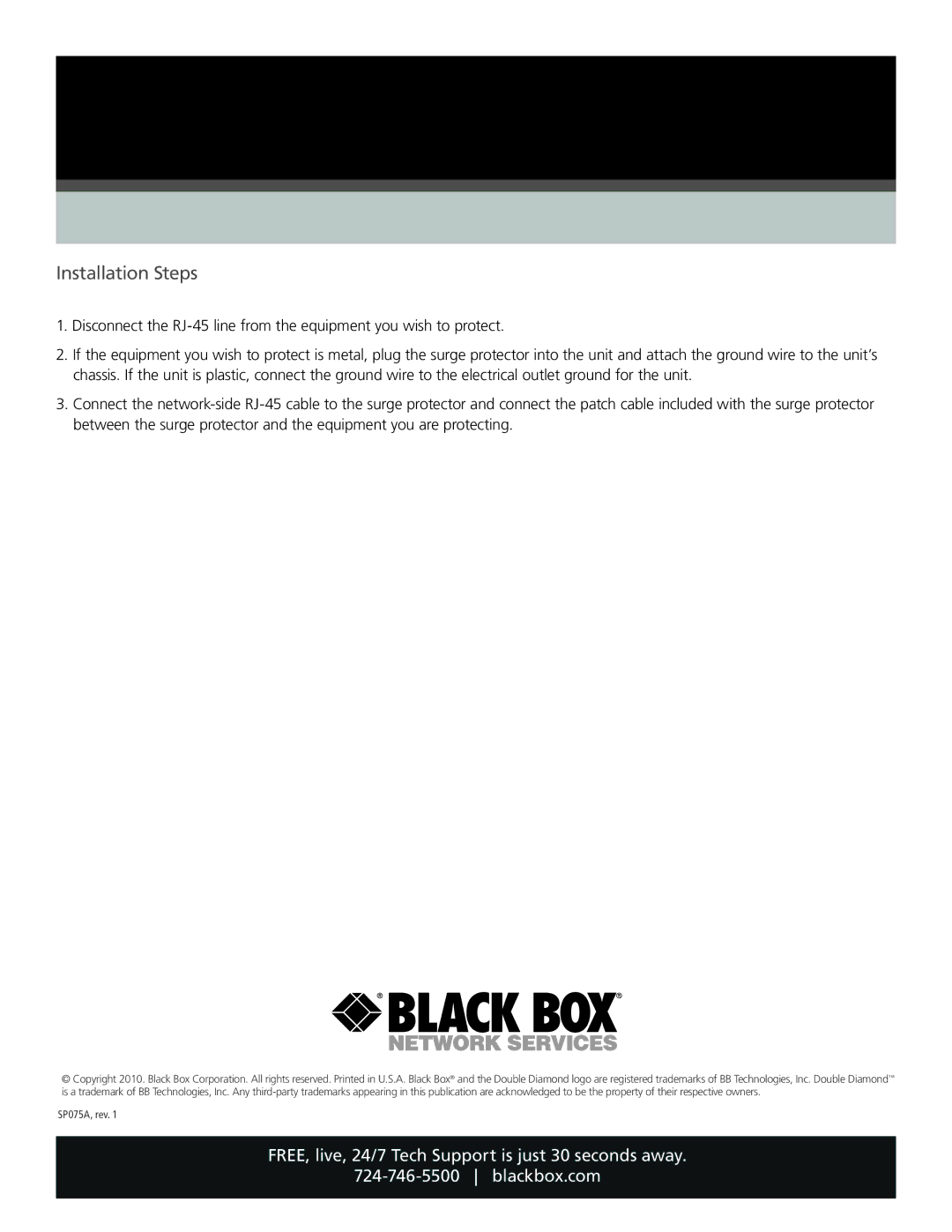 Black Box SP075A specifications Installation Steps 