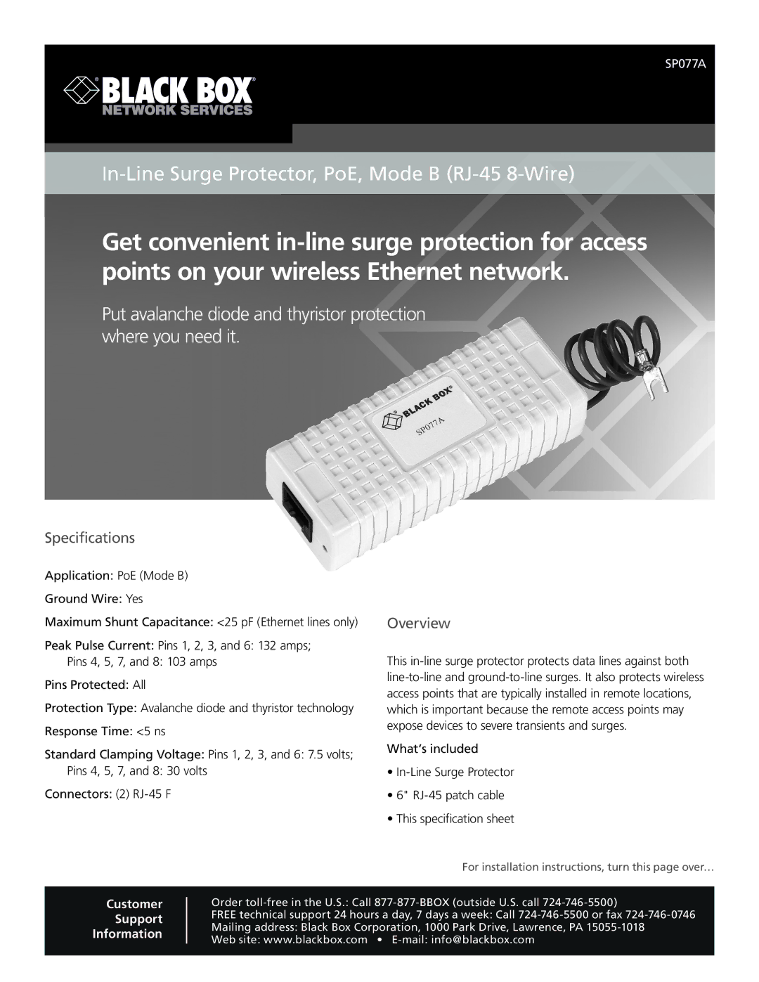 Black Box In-Line Surge Protector, PoE, Mode B (RJ-45 8-Wire), SP077A specifications Specifications, Overview 