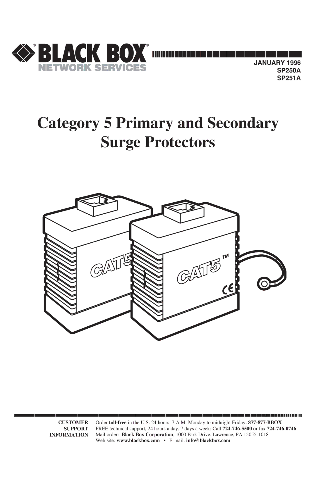 Black Box SP251A, SP250A manual Category 5 Primary and Secondary Surge Protectors 