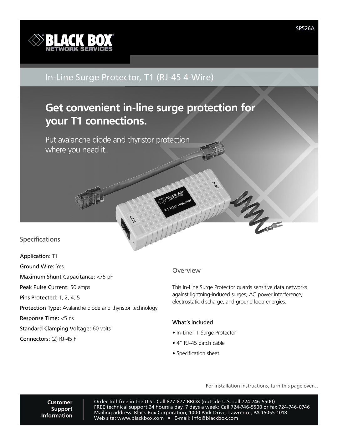 Black Box In-Line Surge Protector, SP526A specifications Specifications, Overview, Customer Support Information 