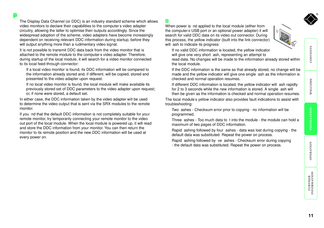 Black Box SRX, ServSwitch manual Video display DDC information, DDC indications 