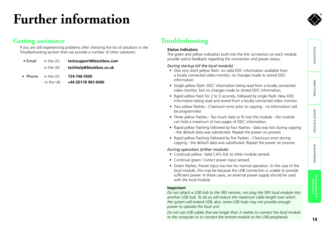 Black Box ServSwitch, SRX manual Further information, Getting assistance, Troubleshooting 