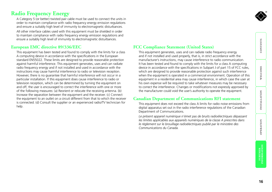 Black Box ServSwitch Radio Frequency Energy, European EMC directive 89/336/EEC, FCC Compliance Statement United States 