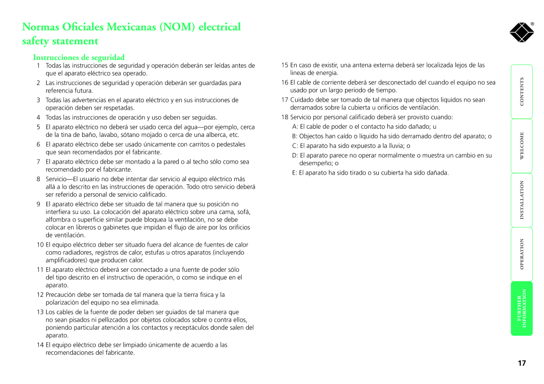 Black Box SRX, ServSwitch manual Normas Oficiales Mexicanas NOM electrical safety statement, Instrucciones de seguridad 