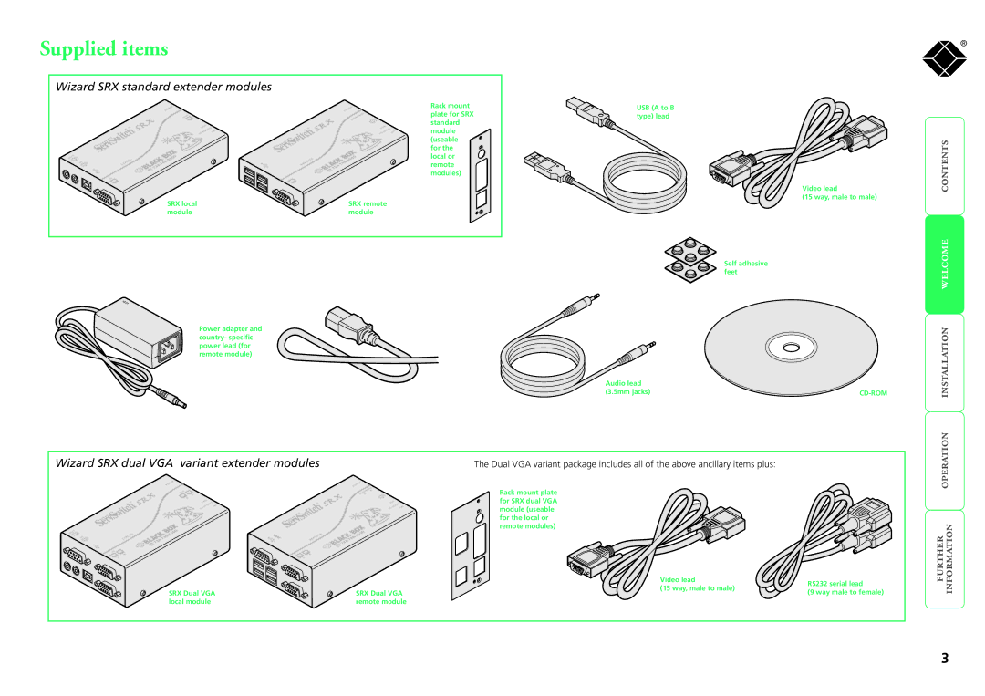 Black Box SRX, ServSwitch manual Supplied items, Installation welcome contents 