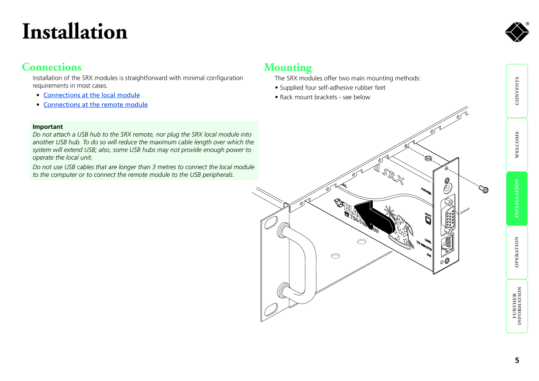 Black Box SRX, ServSwitch manual Installation, Connections, Mounting 