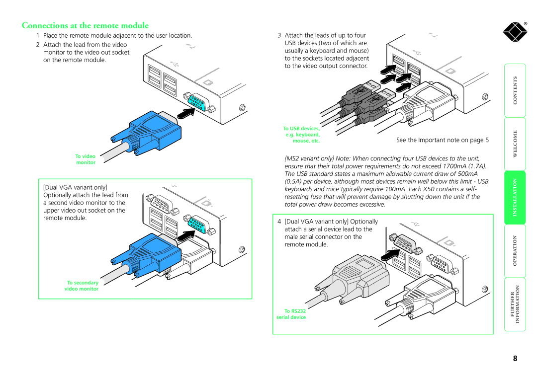 Black Box ServSwitch, SRX manual Connections at the remote module,  operation installation welcome 