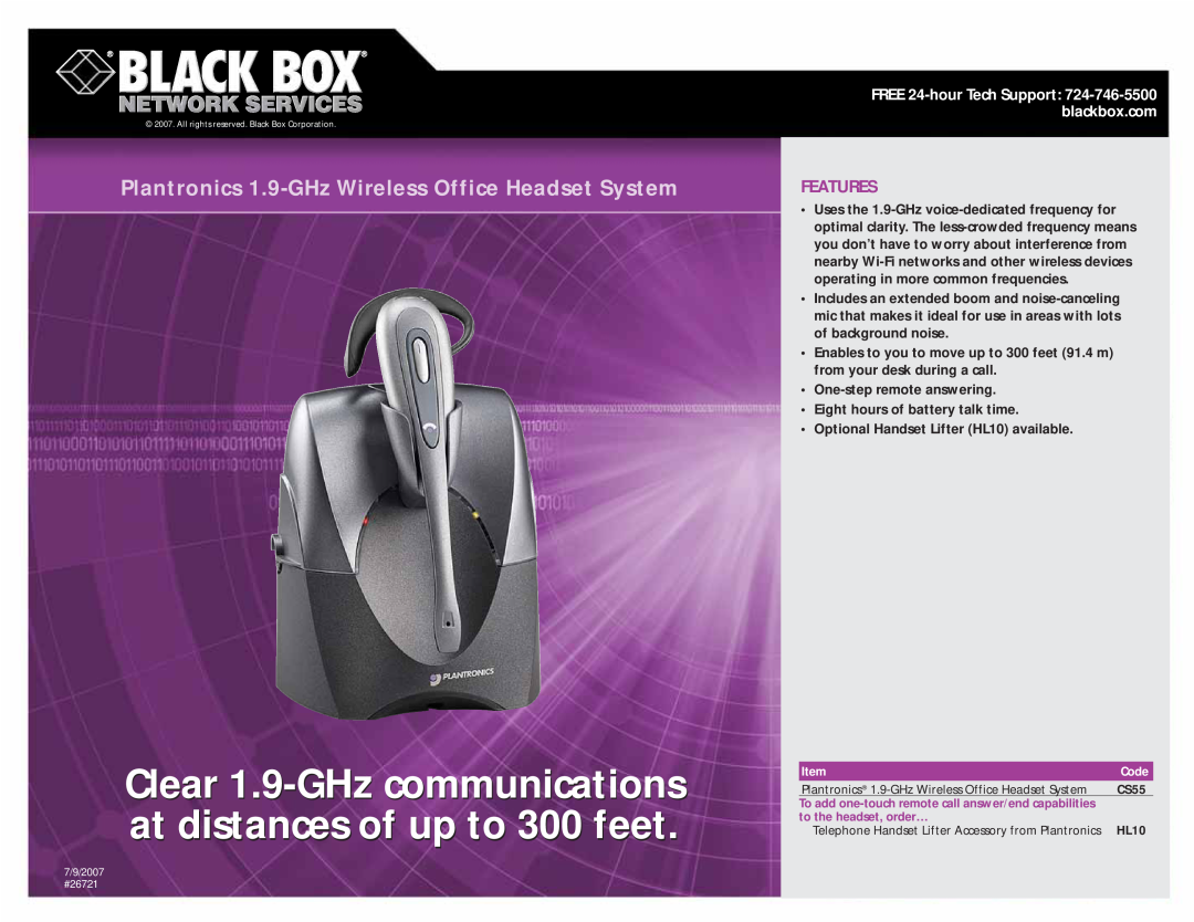Black Box Surround Sound Headphone manual Plantronics 1.9-GHzWireless Office Headset System, Features 