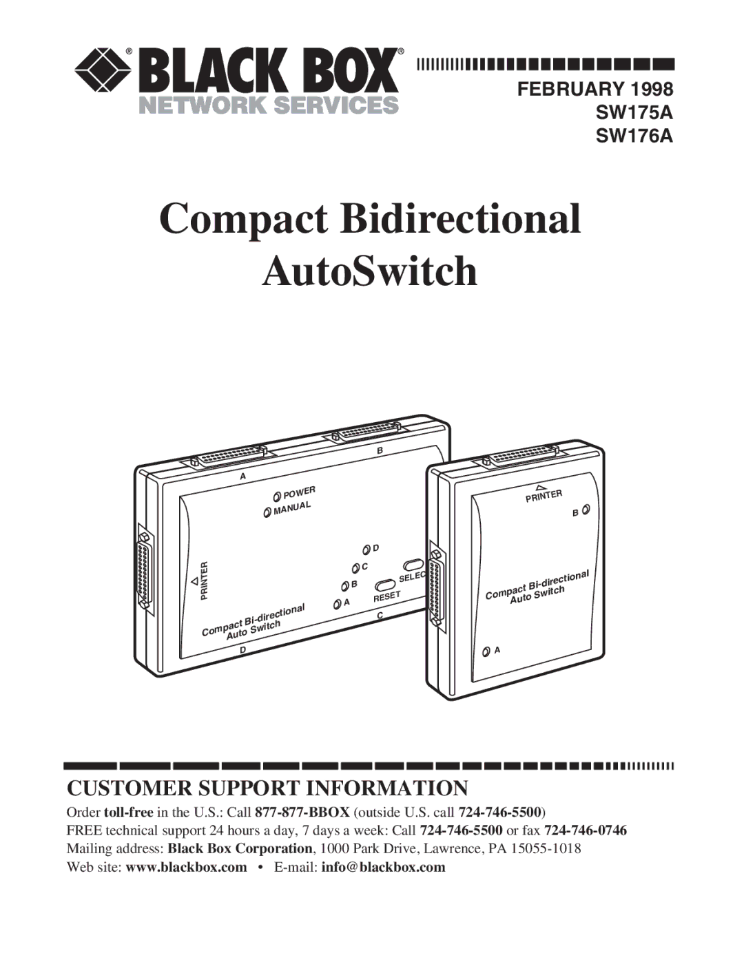 Black Box SW175A, SW176A manual Compact Bidirectional AutoSwitch 