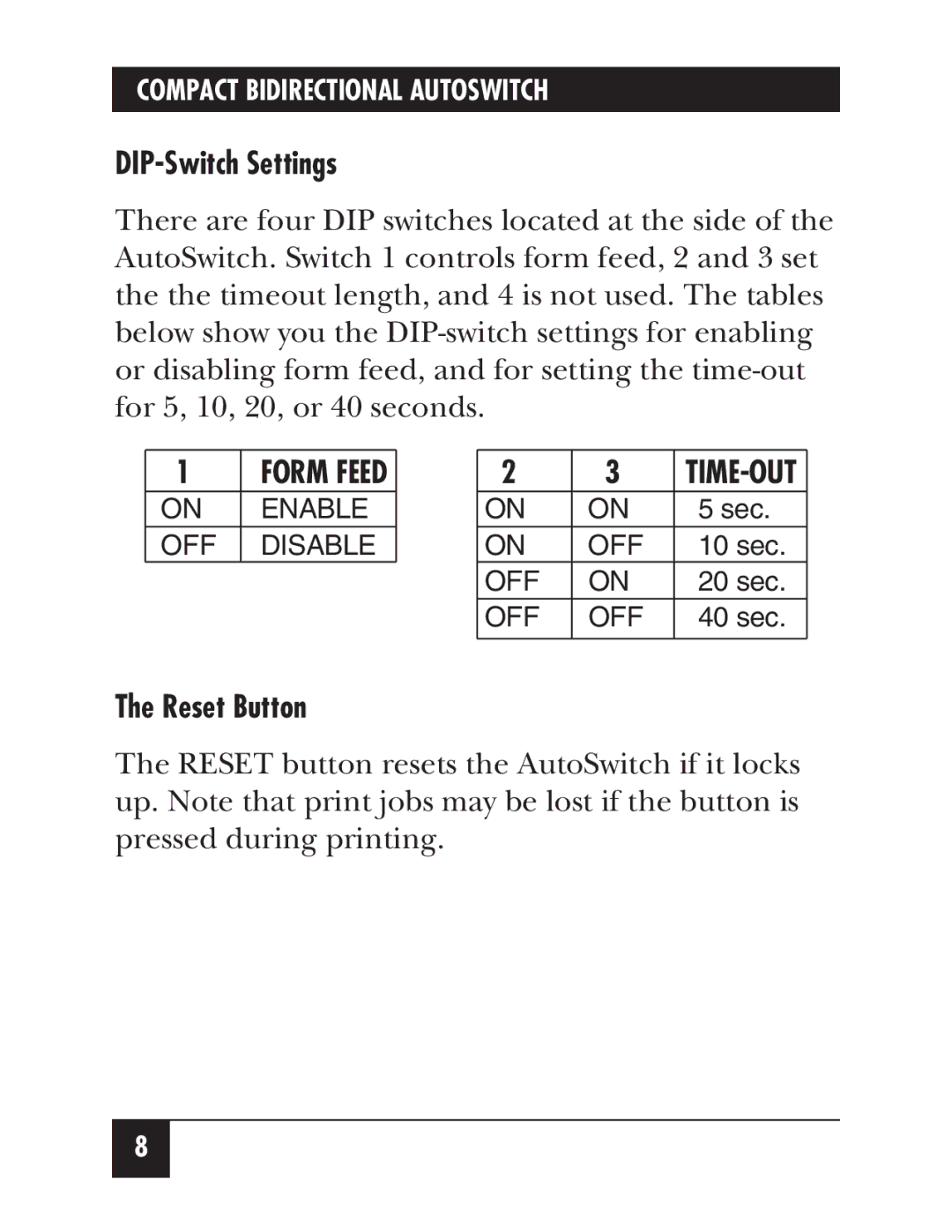 Black Box SW176A, SW175A manual DIP-Switch Settings, Reset Button 