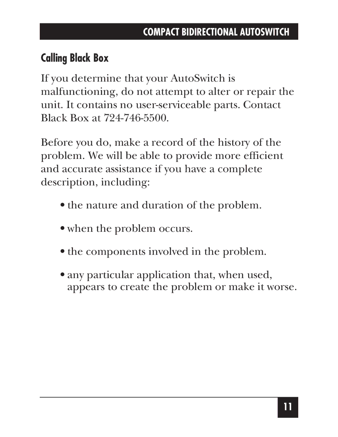 Black Box SW175A, SW176A manual Calling Black Box 