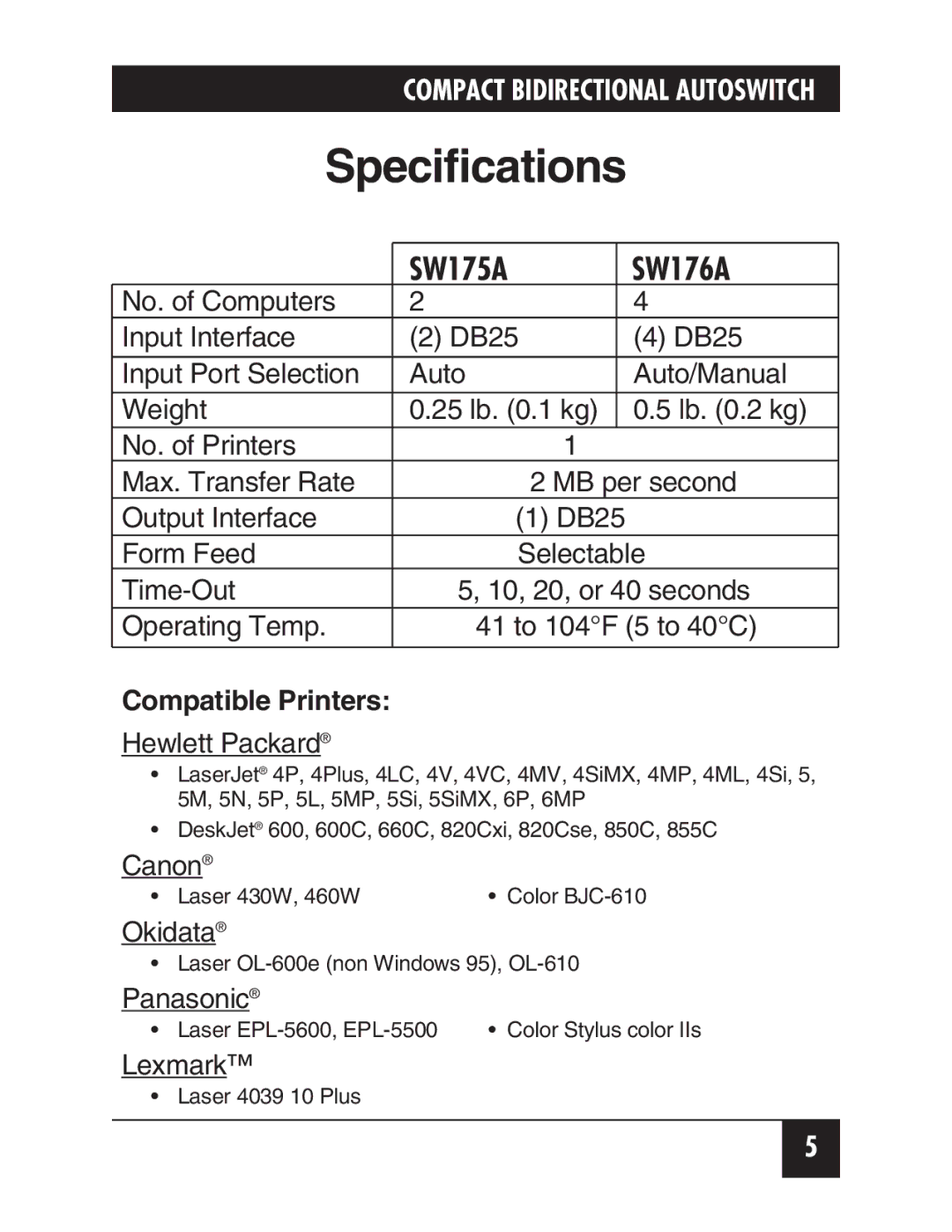 Black Box manual Specifications, SW175A SW176A 