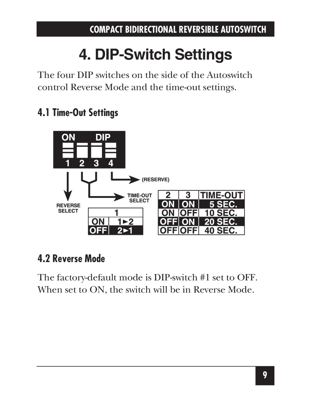 Black Box SW177A manual DIP-Switch Settings, Time-Out Settings Reverse Mode 