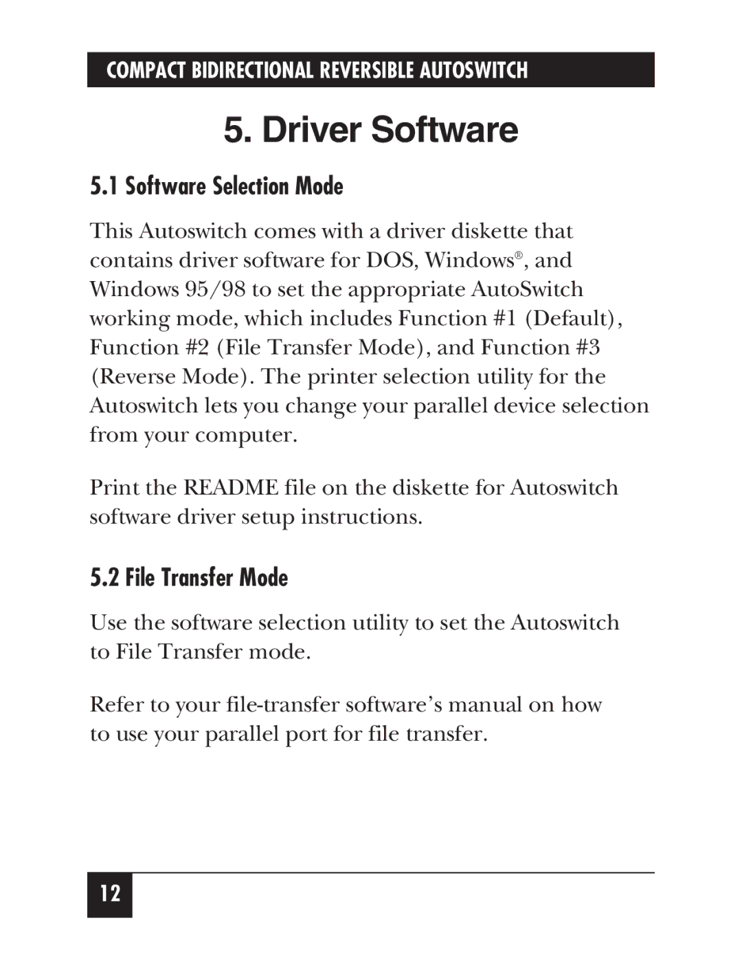 Black Box SW177A manual Driver Software, Software Selection Mode, File Transfer Mode 