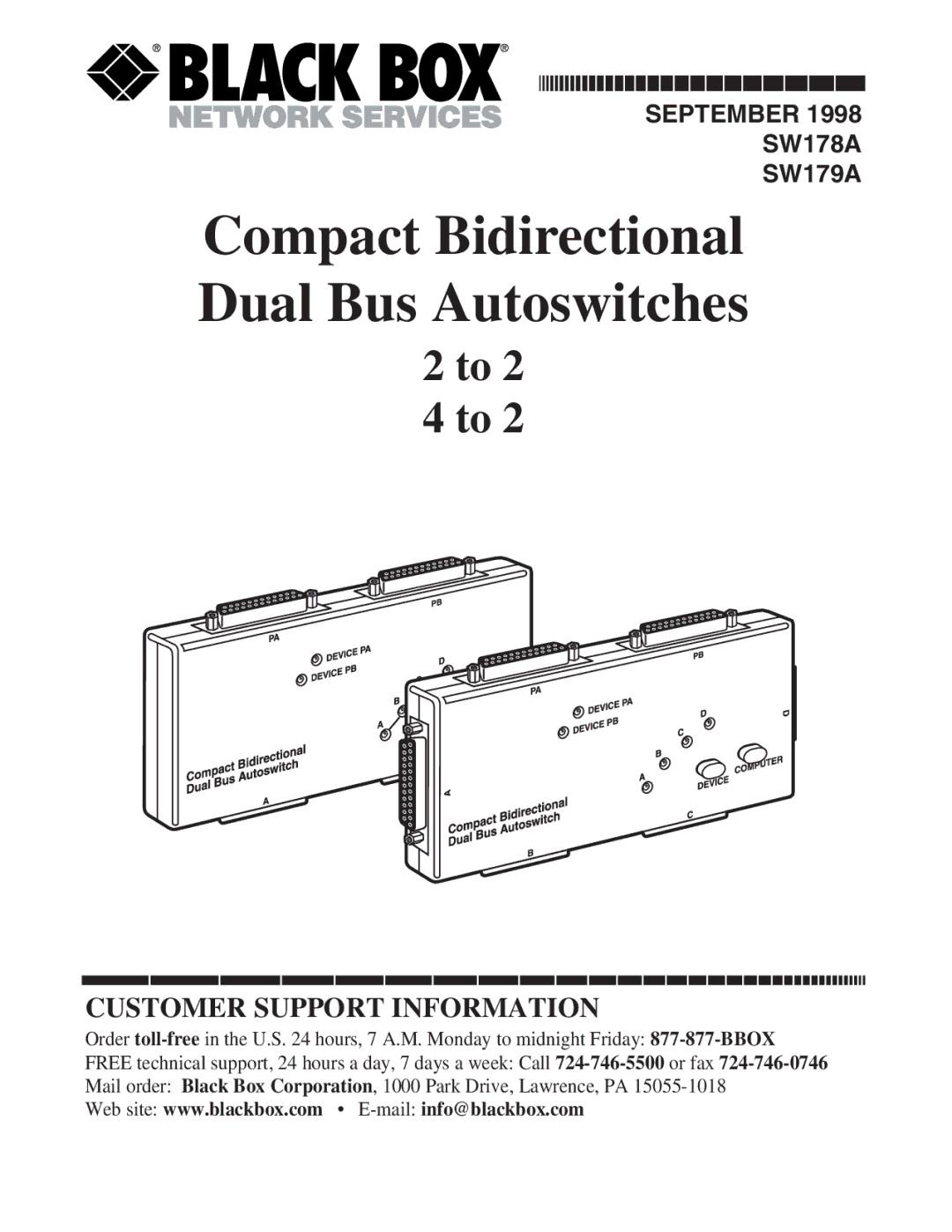 Black Box SW178A, SW179A manual Compact Bidirectional Dual Bus Autoswitches 