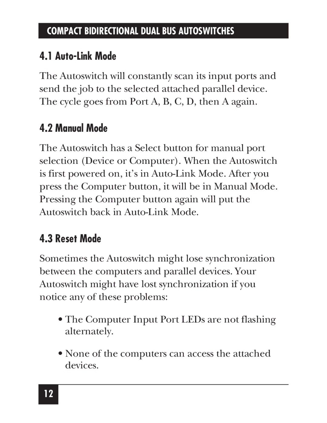 Black Box SW178A, SW179A manual Auto-Link Mode, Manual Mode, Reset Mode 