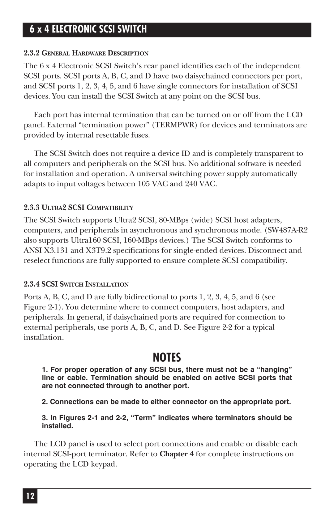 Black Box SW487A-R2 manual 6 x 4 ELECTRONIC SCSI SWITCH, General Hardware Description, ULTRA2 SCSI COMPATIBILITY 