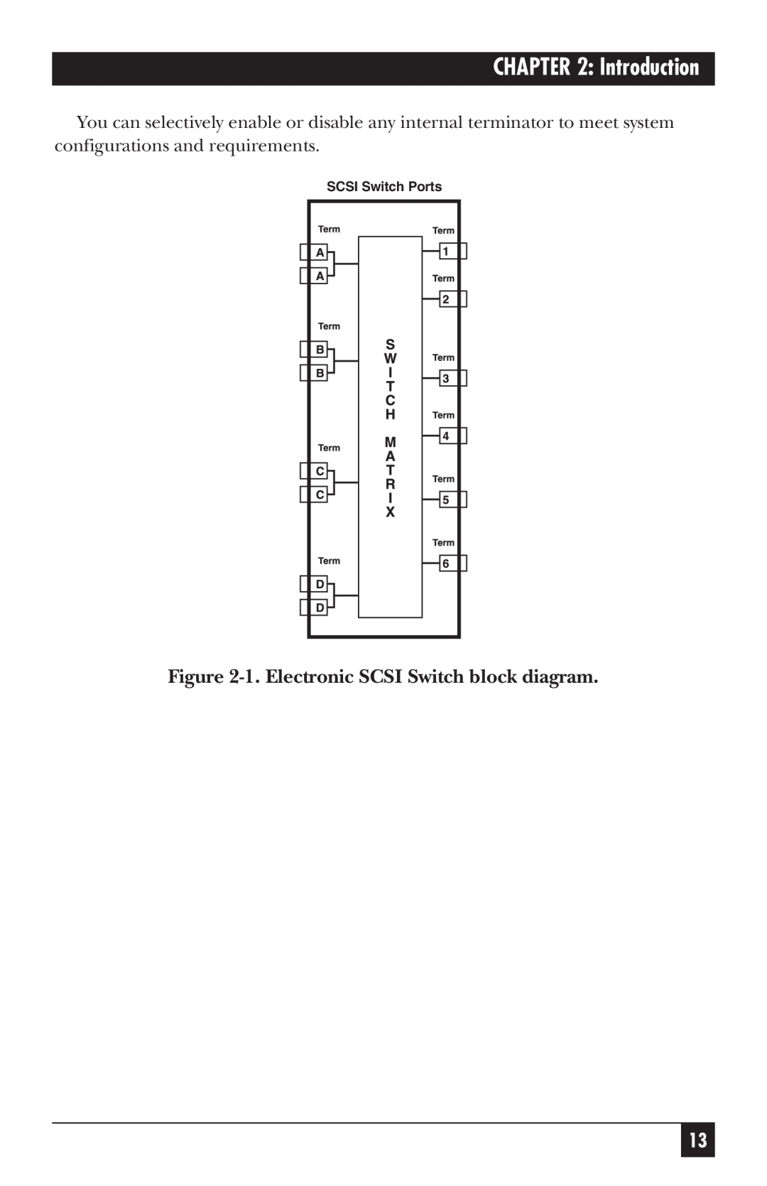 Black Box SW487A-R2 manual 1. Electronic SCSI Switch block diagram, Introduction, SCSI Switch Ports 