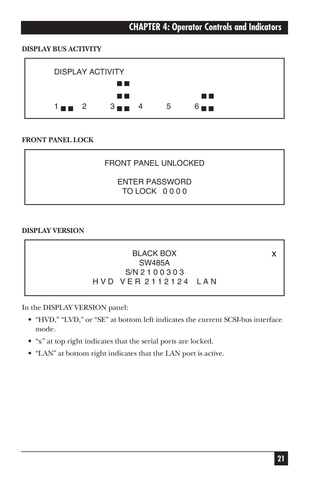 Black Box SW487A-R2 manual Operator Controls and Indicators, Display Bus Activity, Front Panel Lock, Display Version 