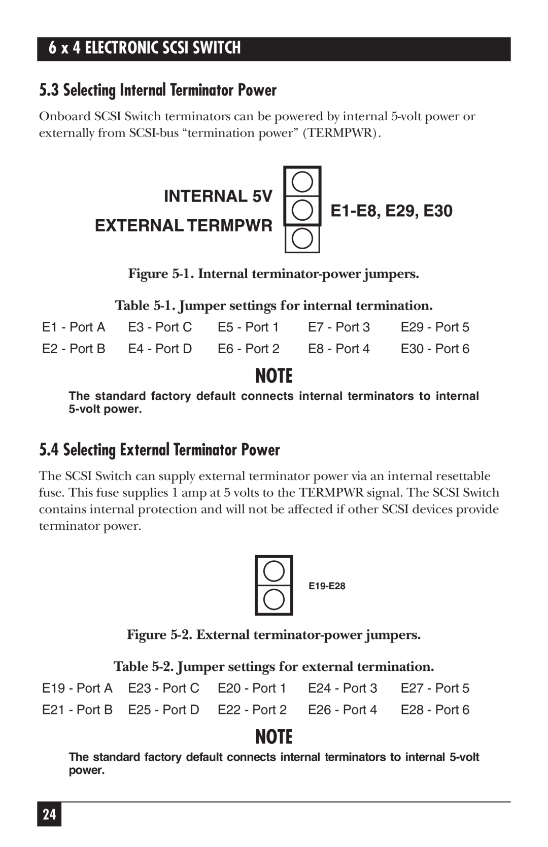 Black Box SW487A-R2 Selecting Internal Terminator Power, Selecting External Terminator Power, 6 x 4 ELECTRONIC SCSI SWITCH 