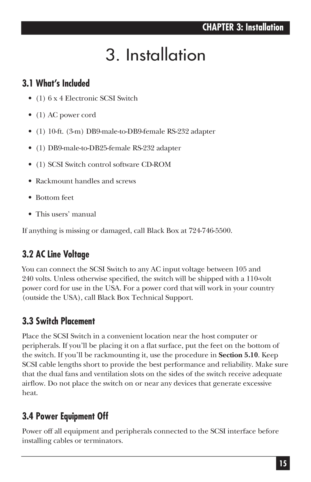 Black Box SW487A-R2 manual Installation, What’s Included, AC Line Voltage, Switch Placement, Power Equipment Off 