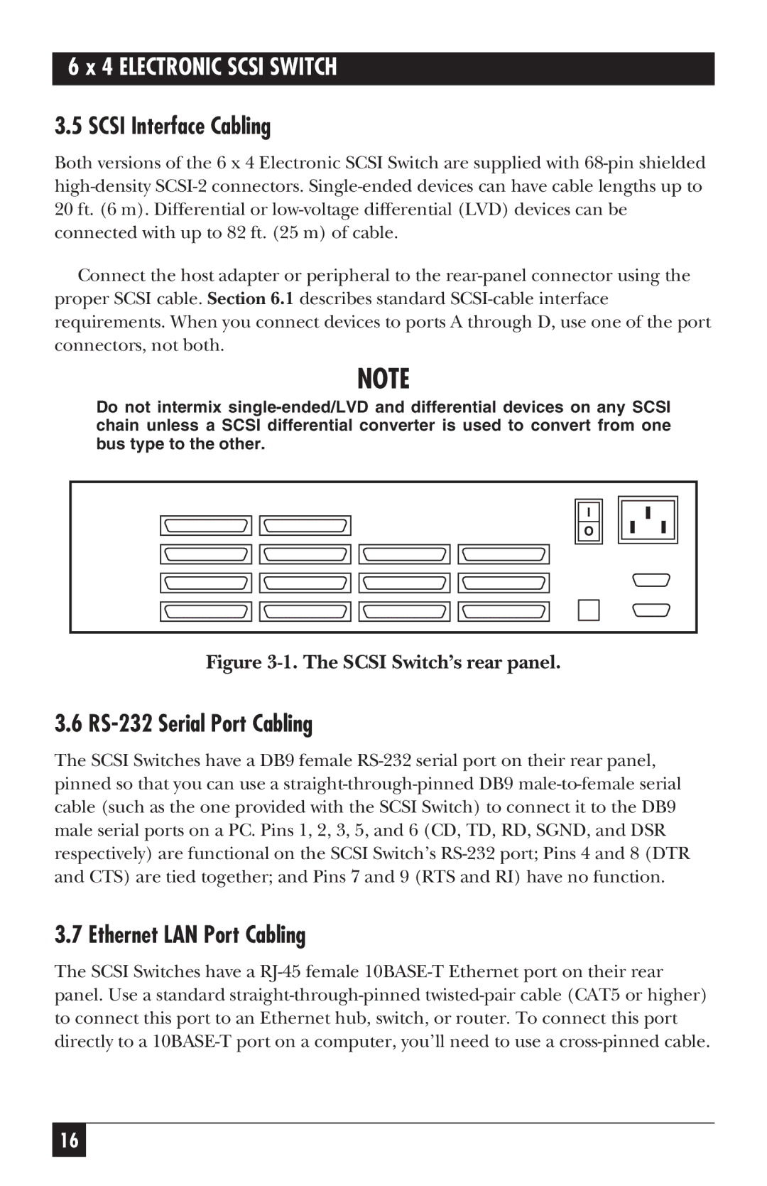 Black Box SW487A-R2 manual Scsi Interface Cabling, RS-232 Serial Port Cabling, Ethernet LAN Port Cabling 