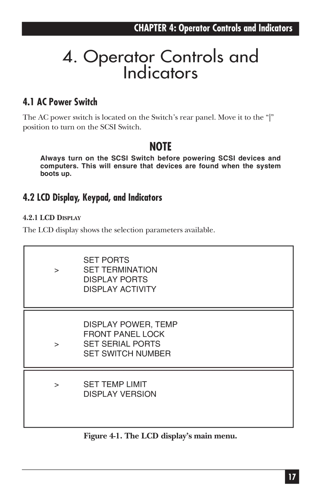 Black Box SW487A-R2 manual Operator Controls and Indicators, AC Power Switch, LCD Display, Keypad, and Indicators 