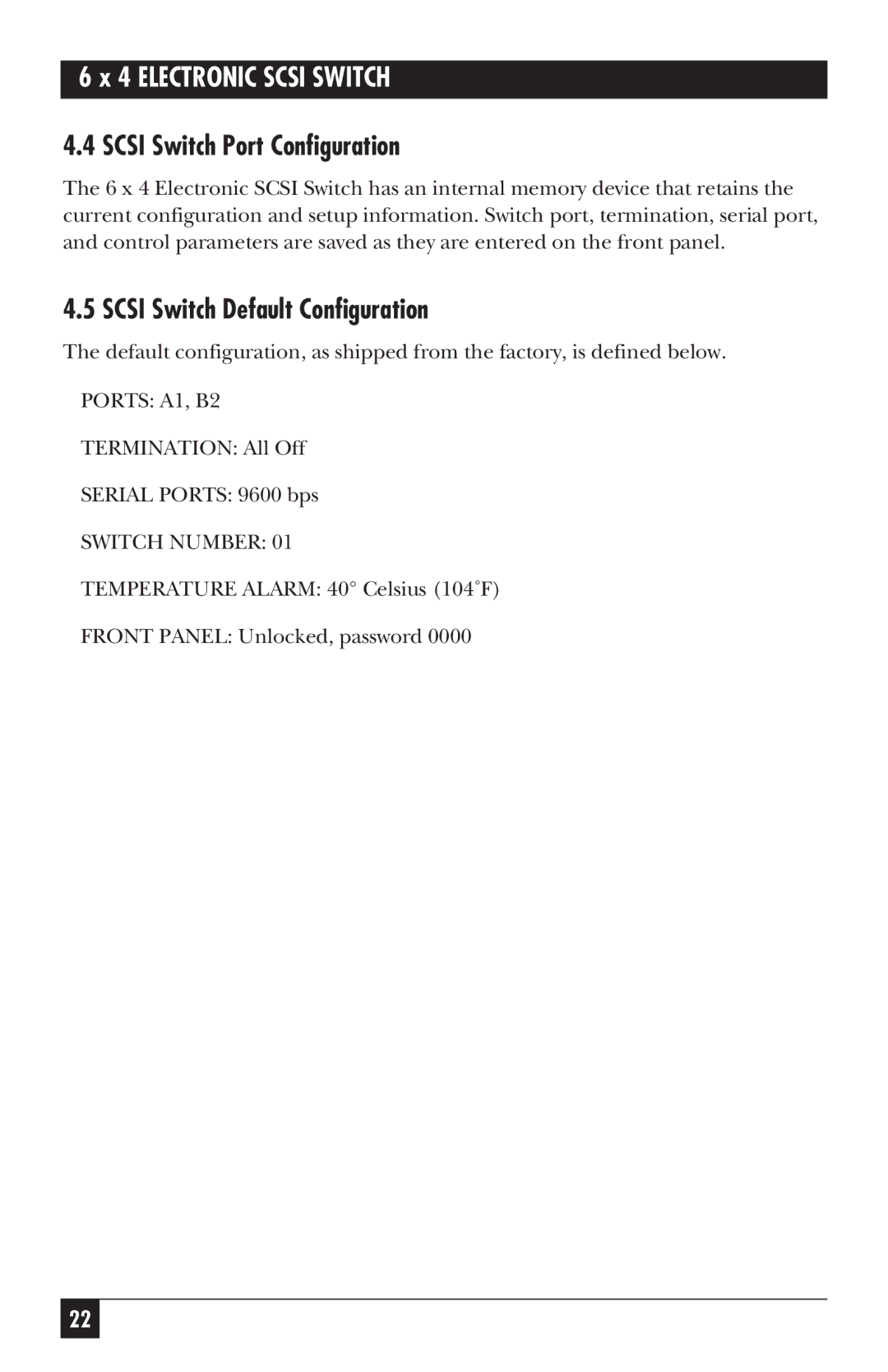 Black Box SW487A-R2 manual Scsi Switch Port Configuration, Scsi Switch Default Configuration 