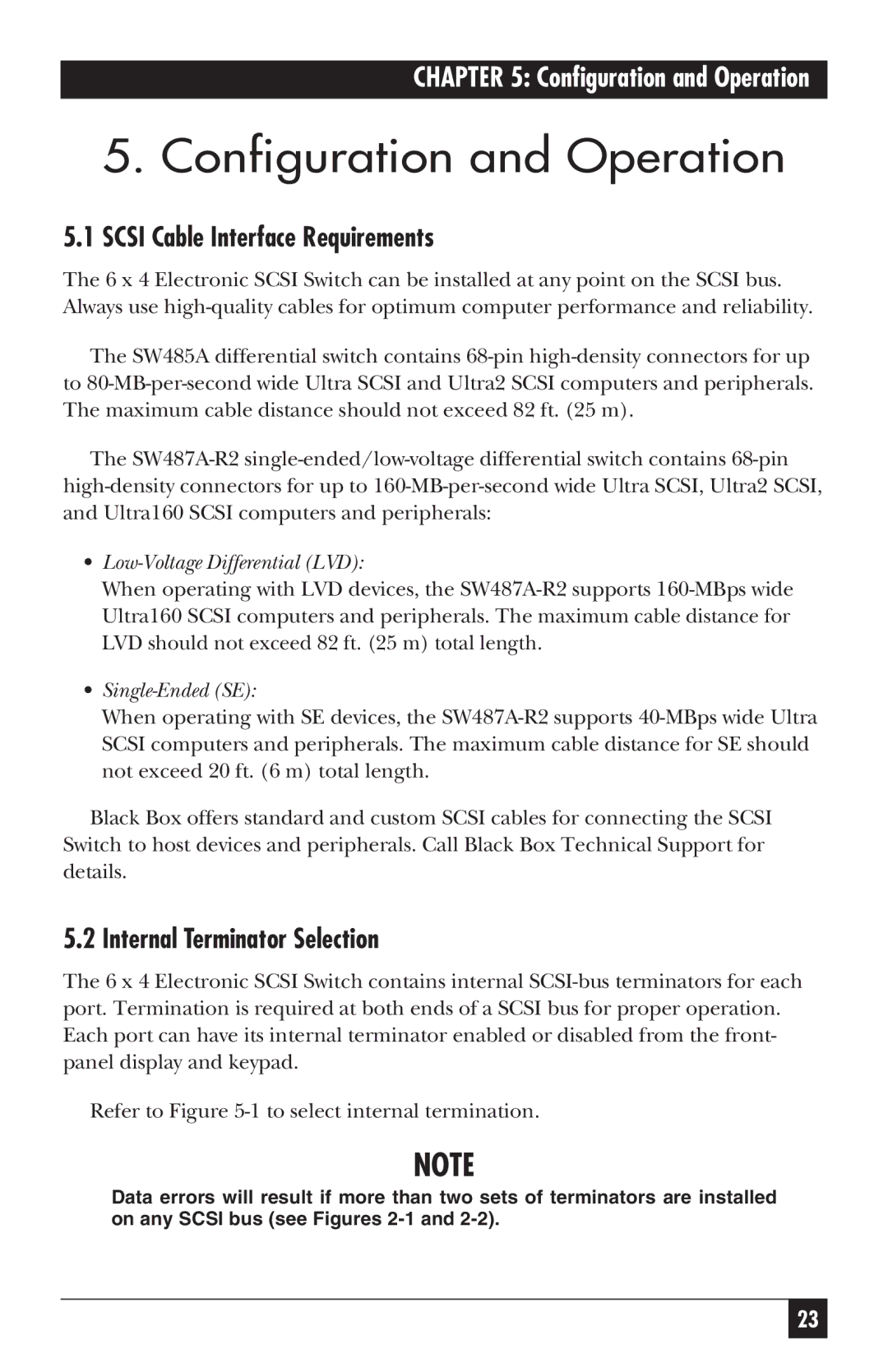 Black Box SW487A-R2 manual Configuration and Operation, Scsi Cable Interface Requirements, Internal Terminator Selection 