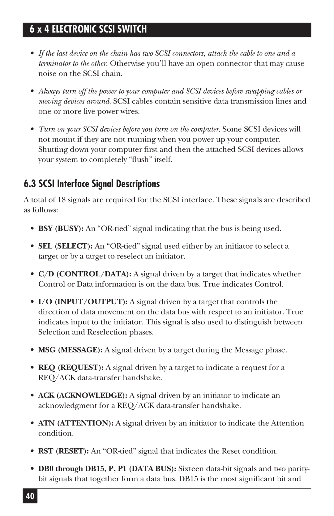 Black Box SW487A-R2 manual Scsi Interface Signal Descriptions 