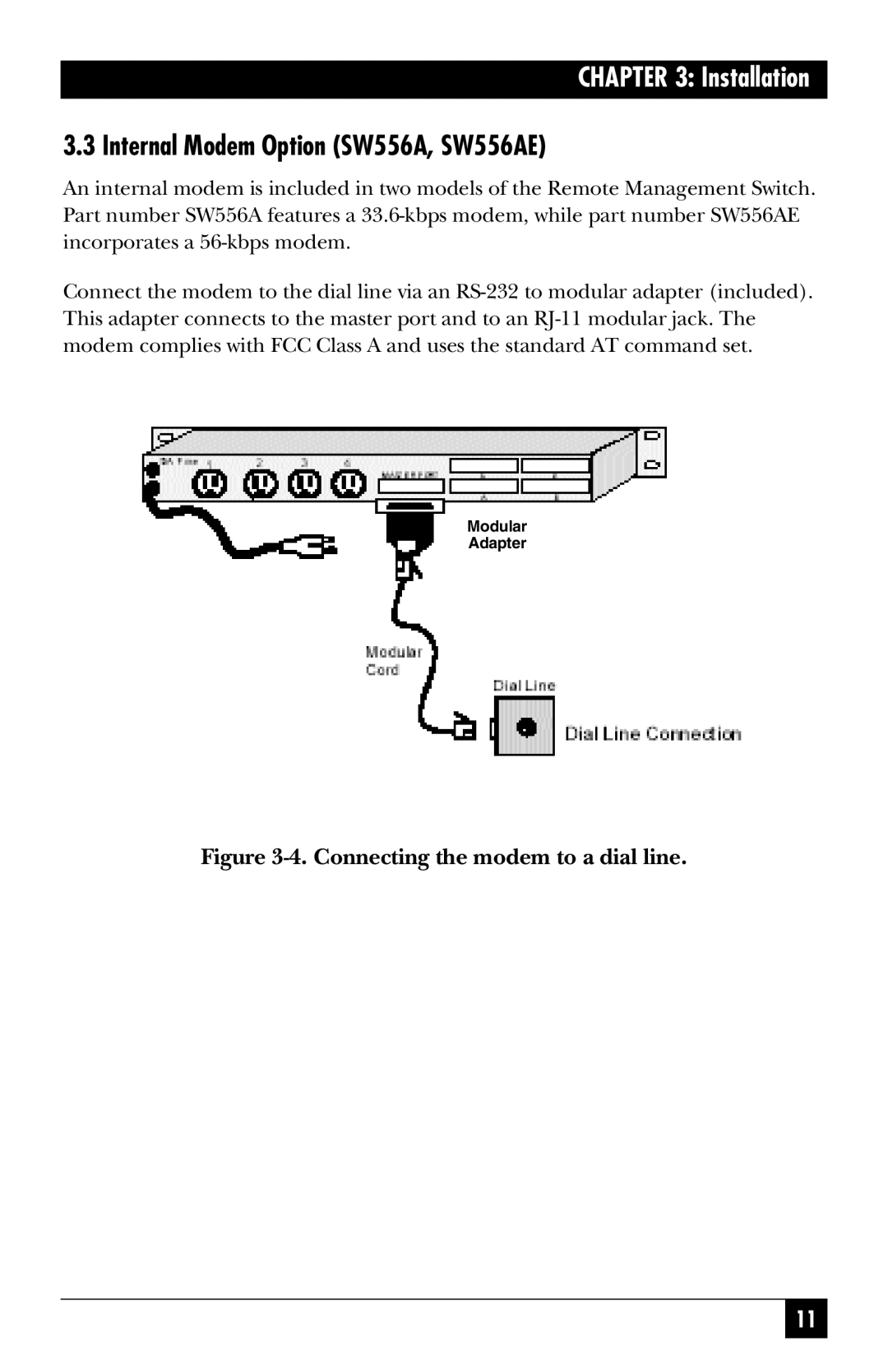 Black Box SW555AE manual Internal Modem Option SW556A, SW556AE, 4.Connecting the modem to a dial line, Installation 