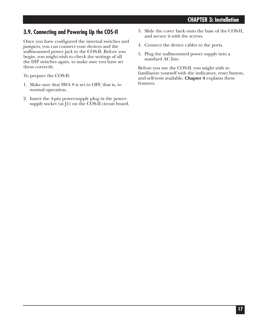 Black Box SW591C, SW590A-R2 manual Connecting and Powering Up the COS-II 