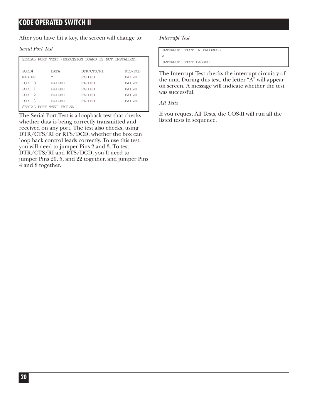 Black Box SW590A-R2, SW591C manual Serial Port Test, Interrupt Test, All Tests 