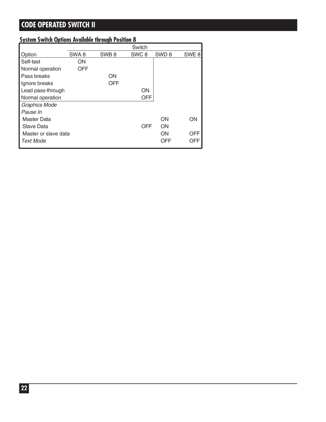 Black Box SW590A-R2, SW591C manual System Switch Options Available through Position 