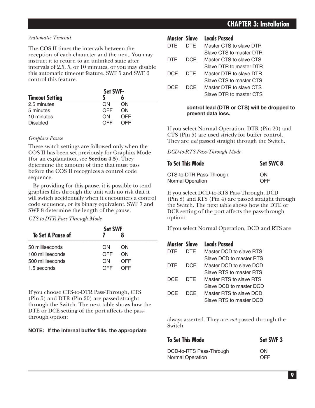 Black Box SW591C, SW590A-R2 manual Set SWF, Timeout Setting, To Set a Pause, Slave Leads Passed, To Set This Mode 