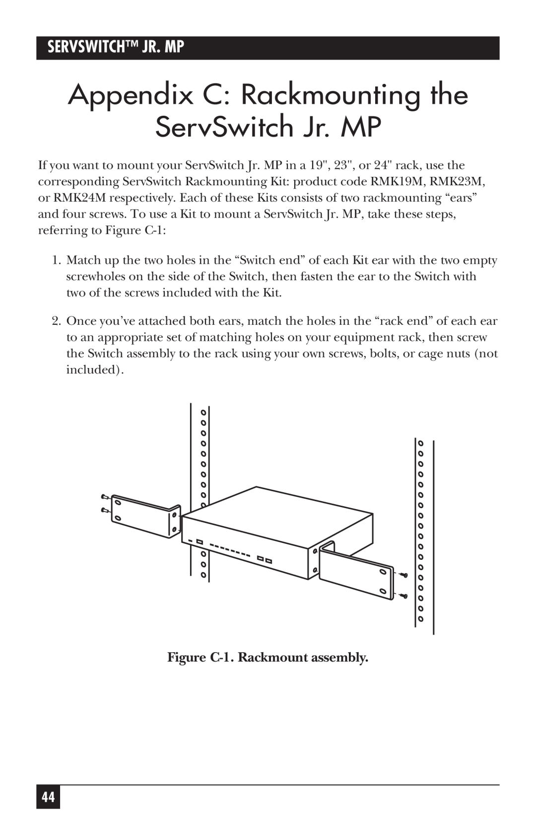 Black Box SW628A-R2 manual Appendix C Rackmounting the ServSwitch Jr. MP, Figure C-1. Rackmount assembly, Servswitch Jr. Mp 