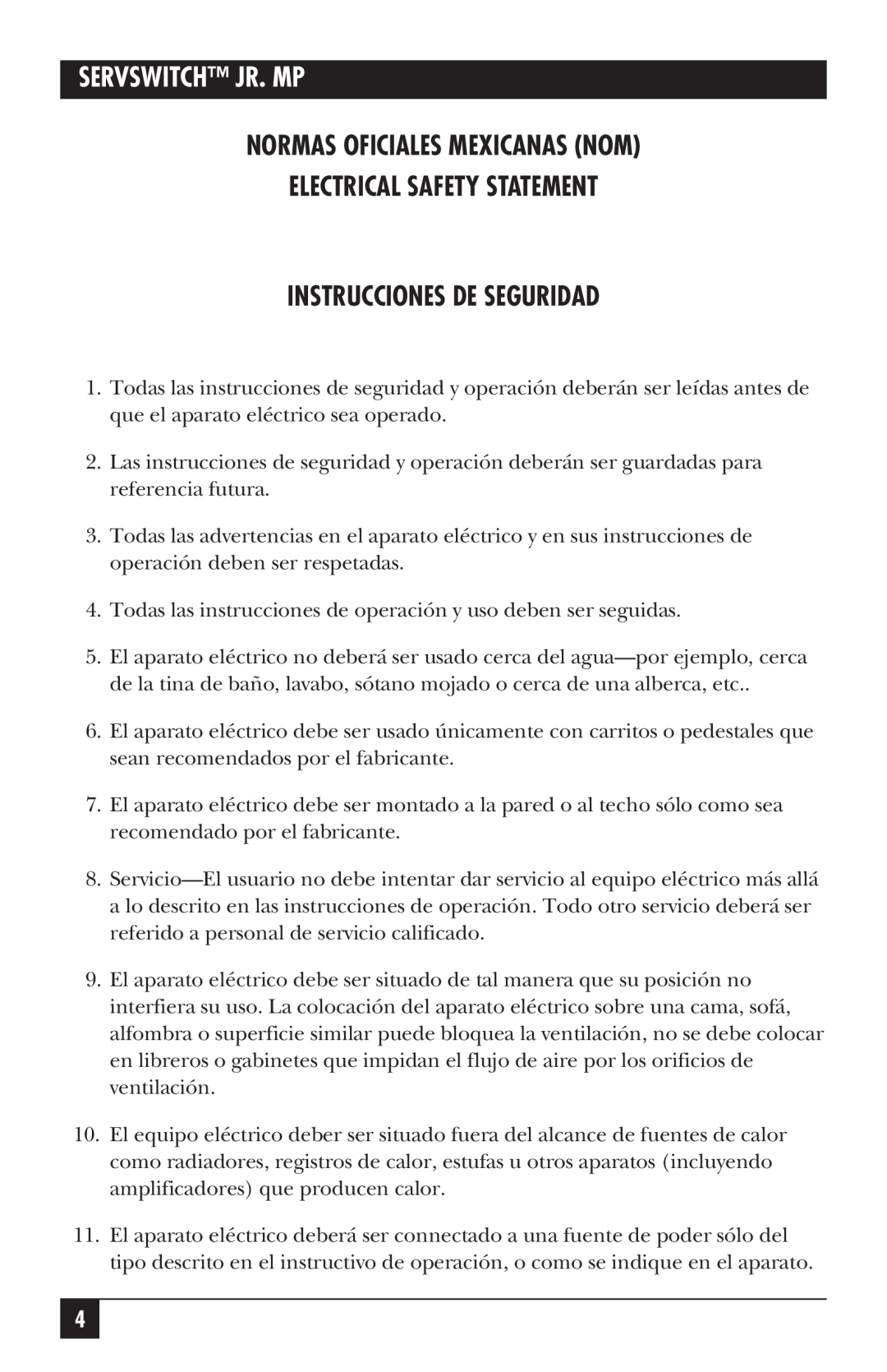 Black Box SW628A-R2, SW627A-R2 manual Normas Oficiales Mexicanas Nom Electrical Safety Statement, Instrucciones De Seguridad 