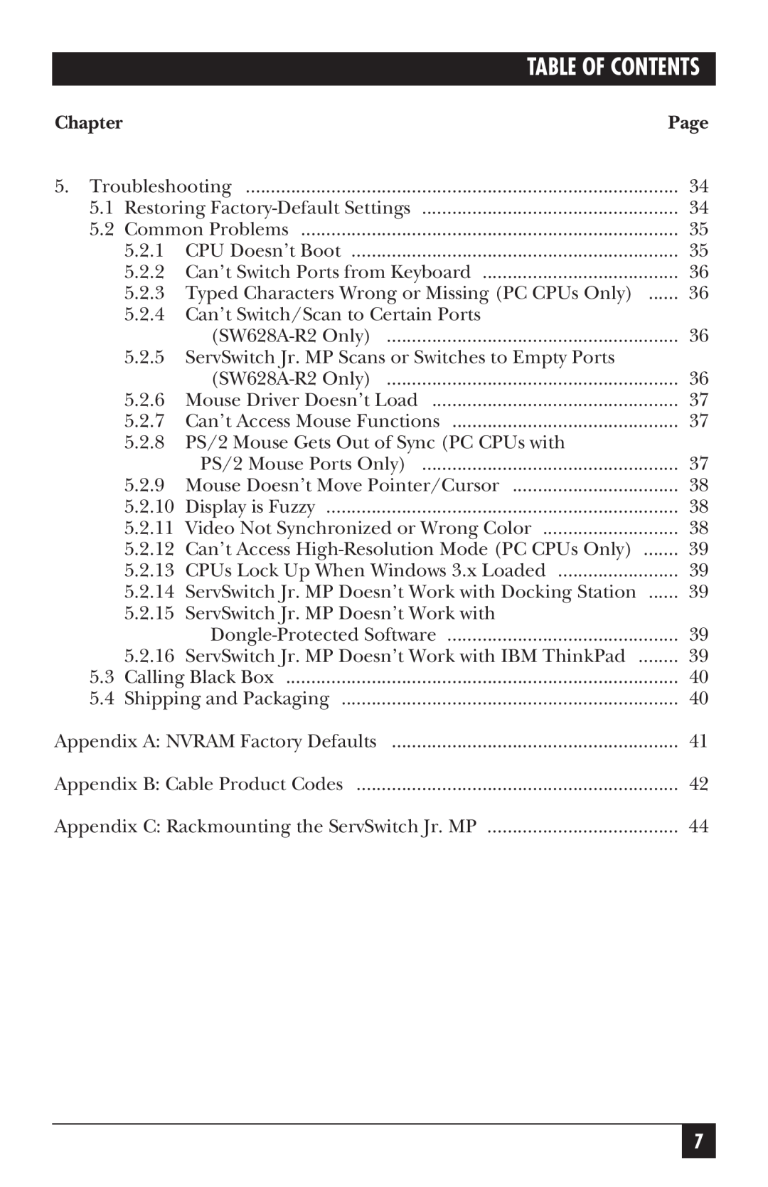 Black Box SW627A-R2, SW628A-R2 manual Table Of Contents, Chapter, Page 